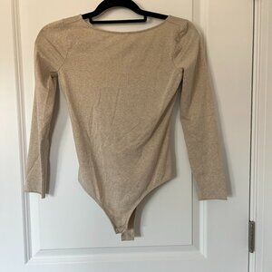 Mango Long Sleeve Small Neutral Tan Shimmer Scoop Neck Bodysuit